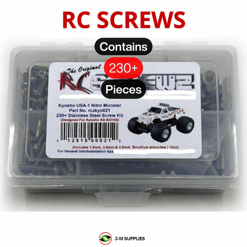 Representative image of an RCScrewZ stainless steel screw kit for Kyosho USA-1 Nitro 1/8 GP 4WD Monster Truck (33155); exact kit contents vary by RC model.