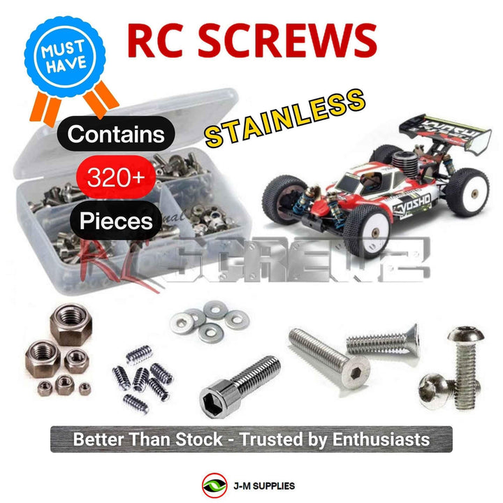 Representative image of an RCScrewZ stainless steel screw kit for Kyosho Inferno MP9 TKI 1/8 Nitro 4WD Buggy (31782); exact kit contents vary by RC model.