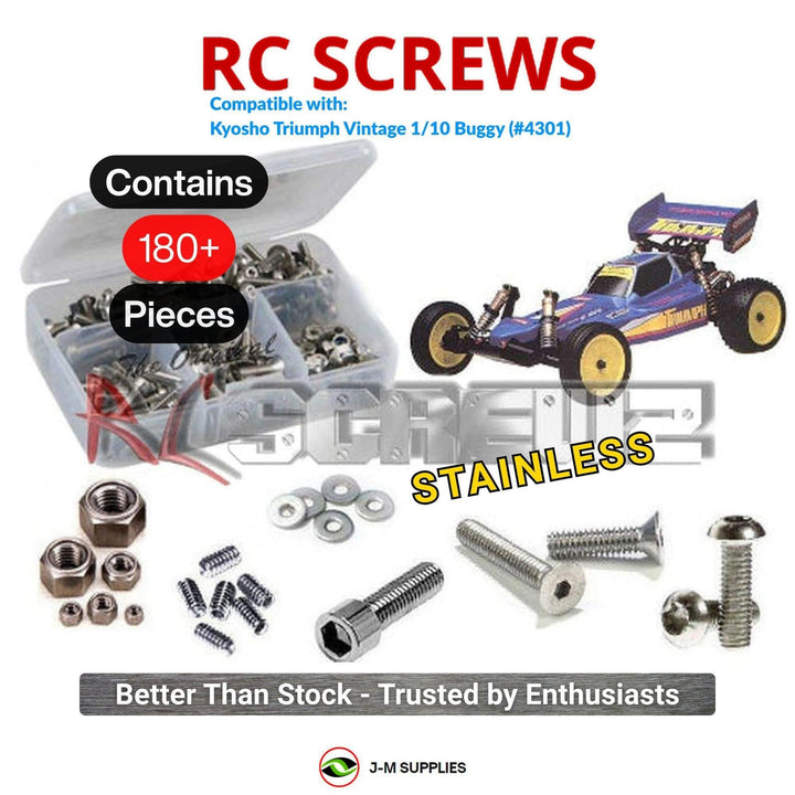 Representative image of an RCScrewZ stainless steel screw kit for Kyosho Triumph 1/10 Electric 2WD Buggy (4301); exact kit contents vary by RC model.