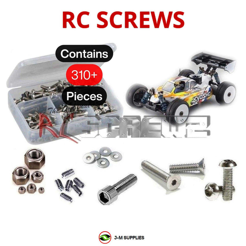 Representative image of an RCScrewZ stainless steel screw kit for Kyosho Inferno MP9 TKI4 1/8 Nitro 4WD Buggy (33001B); exact kit contents vary by RC model.