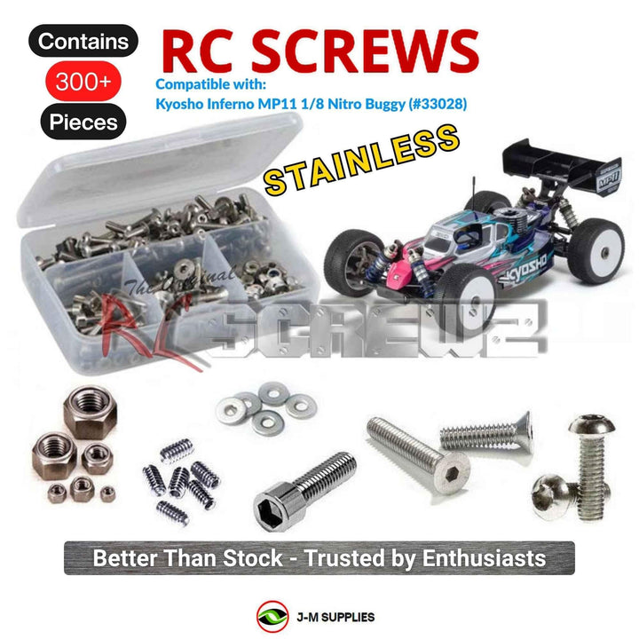 Representative image of an RCScrewZ stainless steel screw kit for Kyosho Inferno MP11 1/8 Nitro 4WD Buggy (33028); exact kit contents vary by RC model.