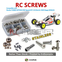 Representative image of an RCScrewZ stainless steel screw kit for Kyosho Turbo Optima Mid Special 1/10 Electric 4WD Buggy (30623); exact kit contents vary by RC model.