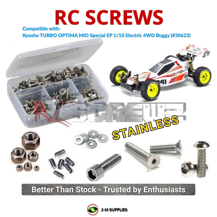 Representative image of an RCScrewZ stainless steel screw kit for Kyosho Turbo Optima Mid Special 1/10 Electric 4WD Buggy (30623); exact kit contents vary by RC model.