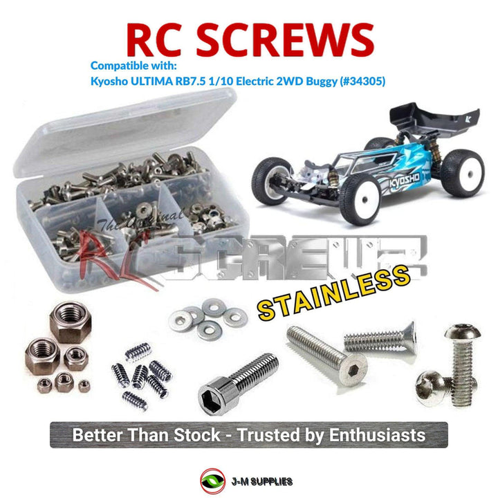 Representative image of an RCScrewZ stainless steel screw kit for Kyosho Ultima RB7.5 1/10 Electric 2WD Buggy (34305); exact kit contents vary by RC model.