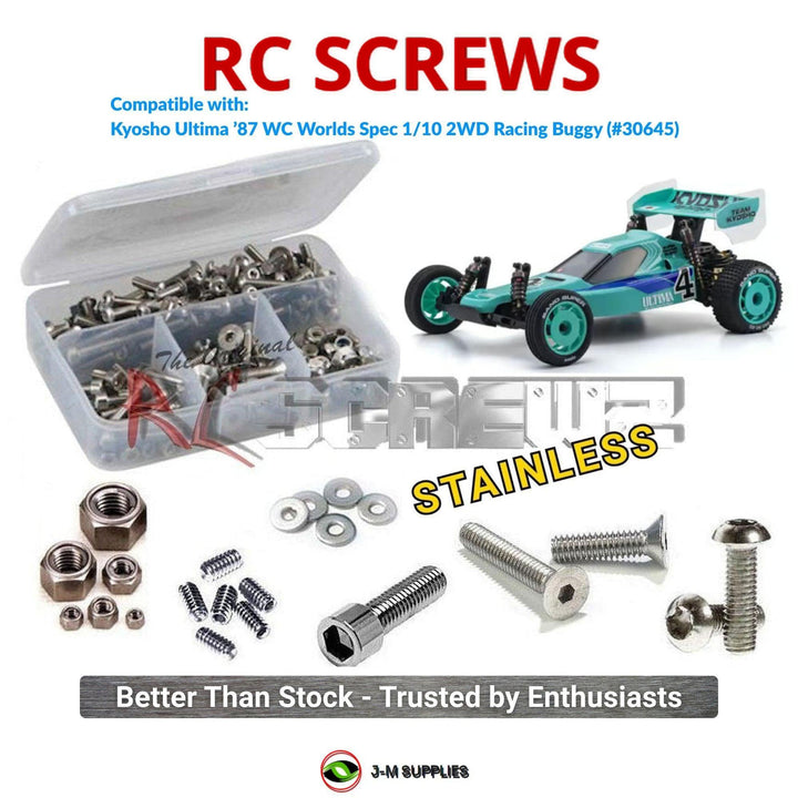 Representative image of an RCScrewZ stainless steel screw kit for Kyosho Ultima 87 WC 1/10 Electric 2WD Buggy (30645); exact kit contents vary by RC model.