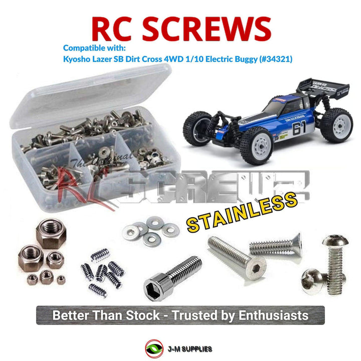 Representative image of an RCScrewZ stainless steel screw kit for Kyosho Lazer Dirt Cross 1/10 Electric 4WD Buggy (34321); exact kit contents vary by RC model.