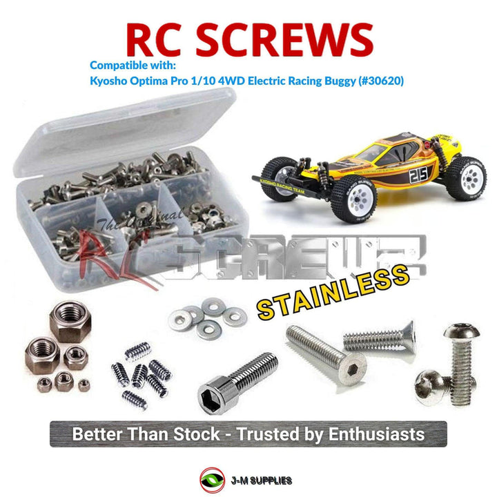 Representative image of an RCScrewZ stainless steel screw kit for Kyosho Optima Pro 1/10 Electric 4WD Buggy (30620); exact kit contents vary by RC model.