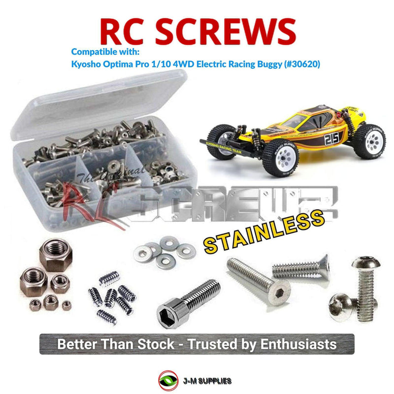 Representative image of an RCScrewZ stainless steel screw kit for Kyosho Optima Pro 1/10 Electric 4WD Buggy (30620); exact kit contents vary by RC model.