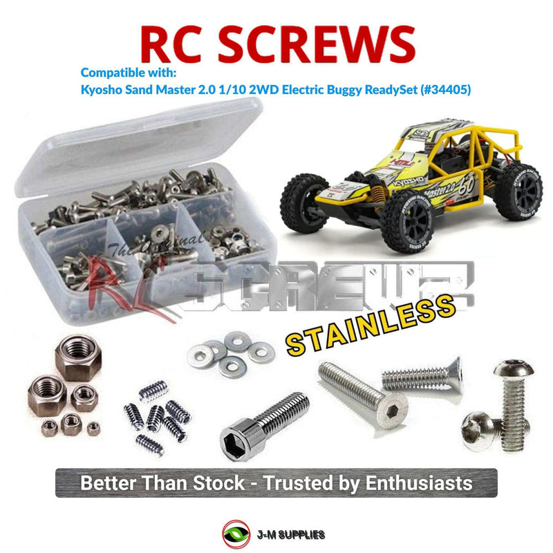 Representative image of an RCScrewZ stainless steel screw kit for Kyosho Sand Master 2.0 1/10 Electric 2WD Buggy (34405); exact kit contents vary by RC model.
