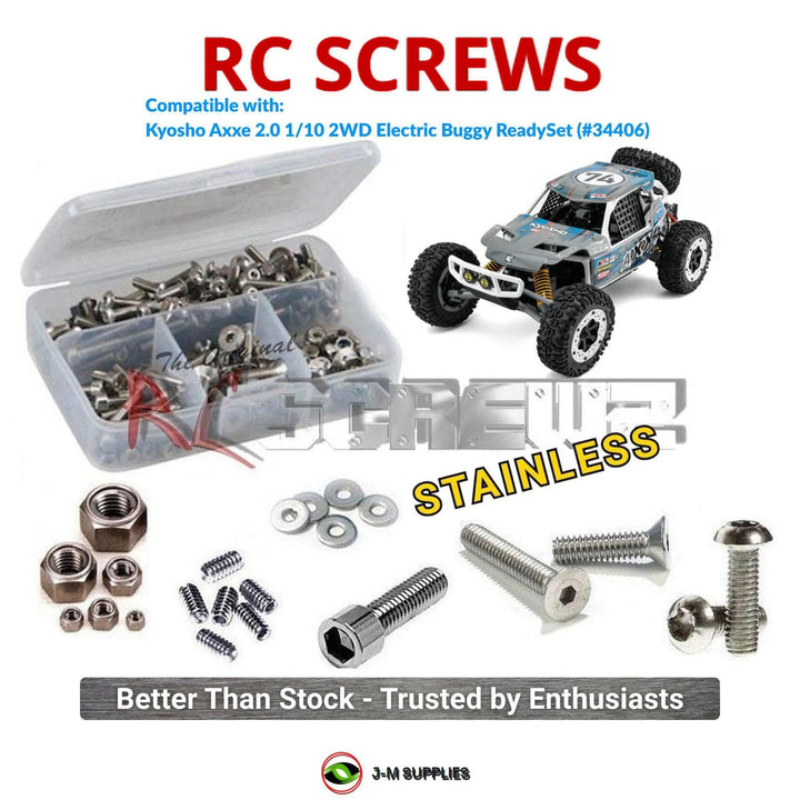 Representative image of an RCScrewZ stainless steel screw kit for Kyosho Axxe 2.0 1/10 Electric 2WD Buggy (34406); exact kit contents vary by RC model.