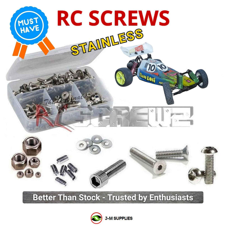 Representative image of an RCScrewZ stainless steel screw kit for Team Losi XX CR/Graphite Plus 1/10 Electric 2WD Buggy (LOSA0026); exact kit contents vary by RC model.
