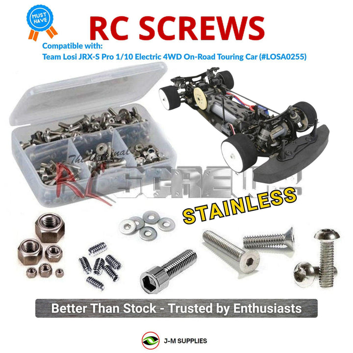 Representative image of an RCScrewZ stainless steel screw kit for Team Losi JRX-S Pro 1/10 Electric 4WD Touring Car (LOSA0255); exact kit contents vary by RC model.