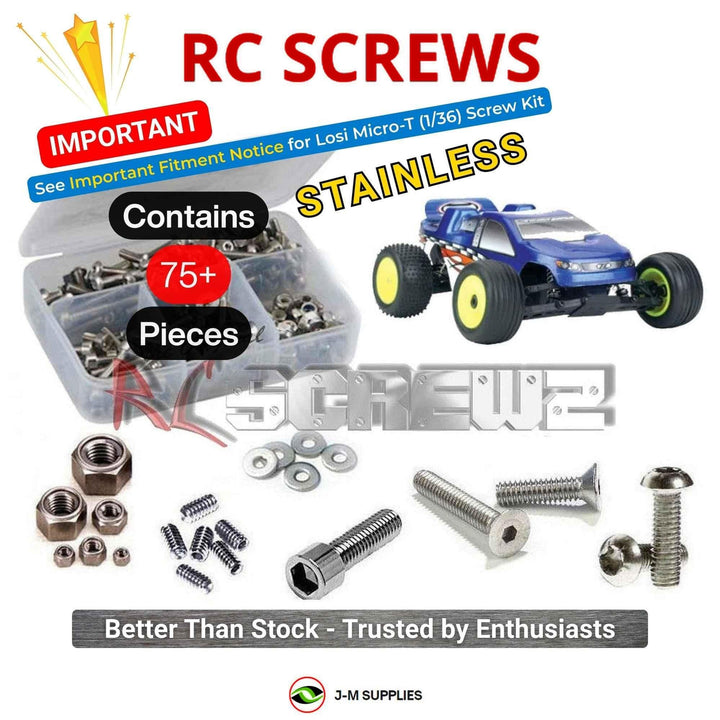 Representative image of an RCScrewZ stainless steel screw kit for Losi Micro-T 1/36 Electric 2WD Micro Stadium Truck (LOSB0230T1); exact kit contents vary by RC model.