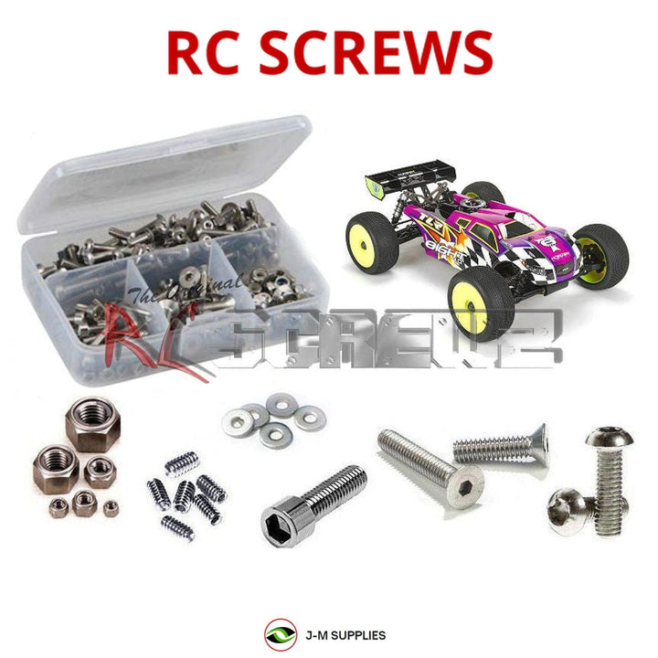 Representative image of an RCScrewZ stainless steel screw kit for Losi TLR 8IGHT-T 4.0 1/8 Nitro 4WD Truggy (TLR04005); exact kit contents vary by RC model.