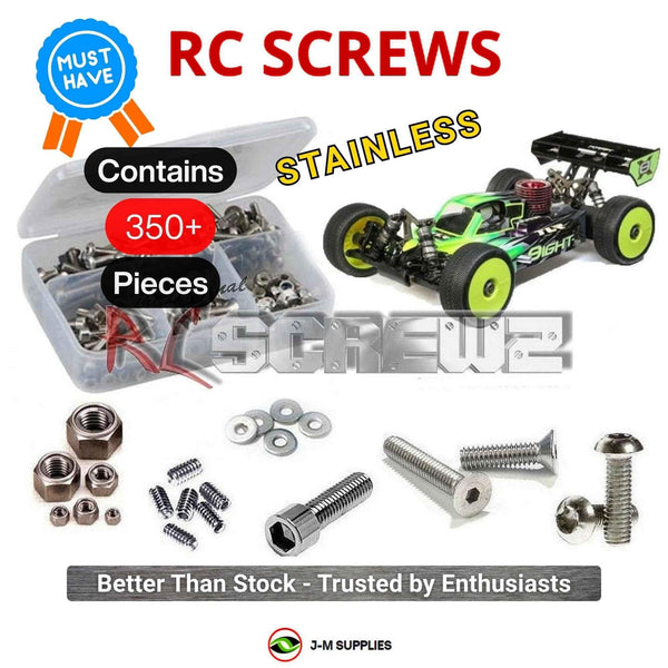 Representative image of an RCScrewZ stainless steel screw kit for Losi TLR 8IGHT-X 1/8 Nitro 4WD Buggy (TLR04007); exact kit contents vary by RC model.