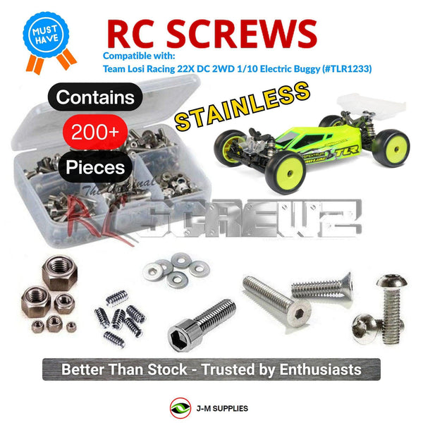Representative image of an RCScrewZ stainless steel screw kit for Losi TLR 22X DC 1/10 Electric 2WD Buggy (TLR-1233); exact kit contents vary by RC model.