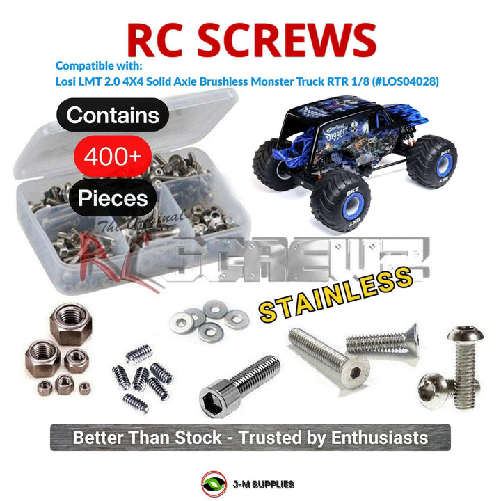 Representative image of an RCScrewZ stainless steel screw kit for Losi LMT 2.0 Digger 1/8 Electric 4WD MT (LOS04028); exact kit contents vary by RC model.