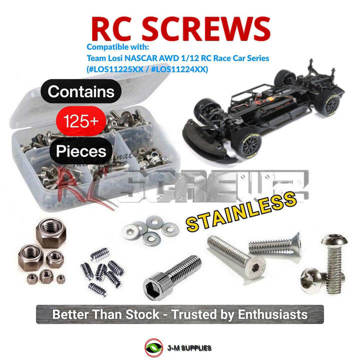 Representative image of an RCScrewZ stainless steel screw kit for Losi NASCAR 1/12 Electric 2S AWD On-Road Race Car (LOS11225XX); exact kit contents vary by RC model.