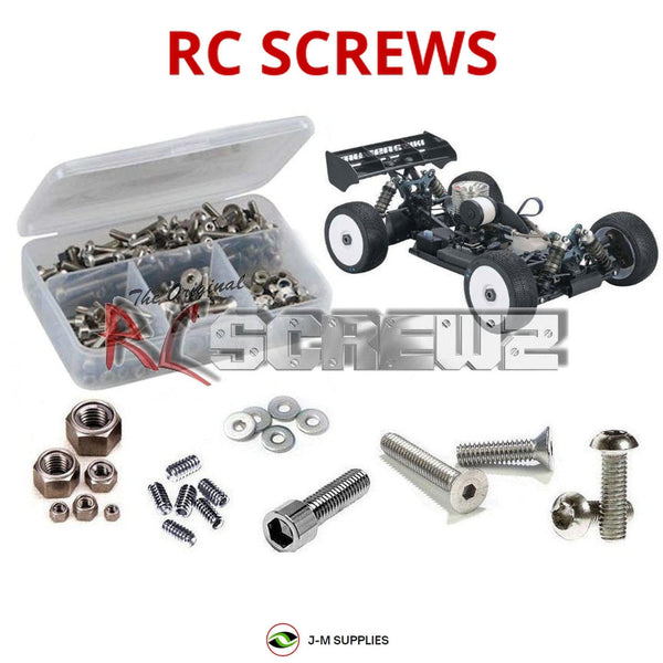 Representative image of an RCScrewZ stainless steel screw kit for Mugen Seiki MBX8 Nitro 1/8 (#E2021); exact kit contents vary by RC model.