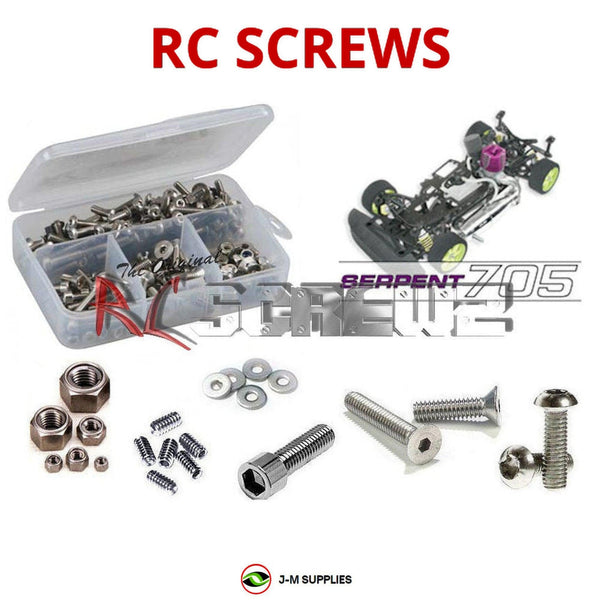 Representative image of an RCScrewZ stainless steel screw kit for Serpent 705 1/10th; exact kit contents vary by RC model.