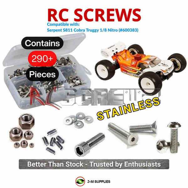 Representative image of an RCScrewZ stainless steel screw kit for Serpent S811 Cobra Truggy 1/8 Nitro (#600383); exact kit contents vary by RC model.