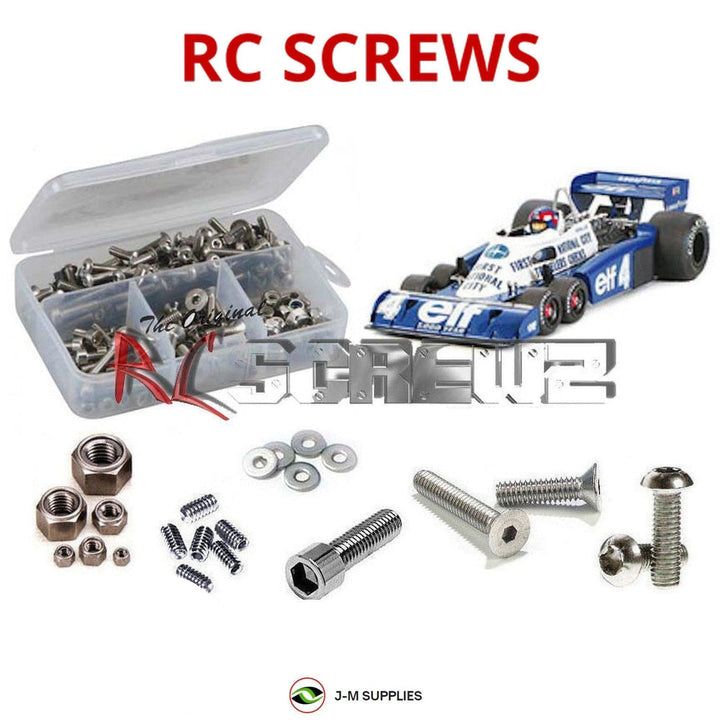 Representative image of an RCScrewZ stainless steel screw kit for Tamiya Tyrrell P34 1/10 Electric 2WD Formula Car (47428); exact kit contents vary by RC model.