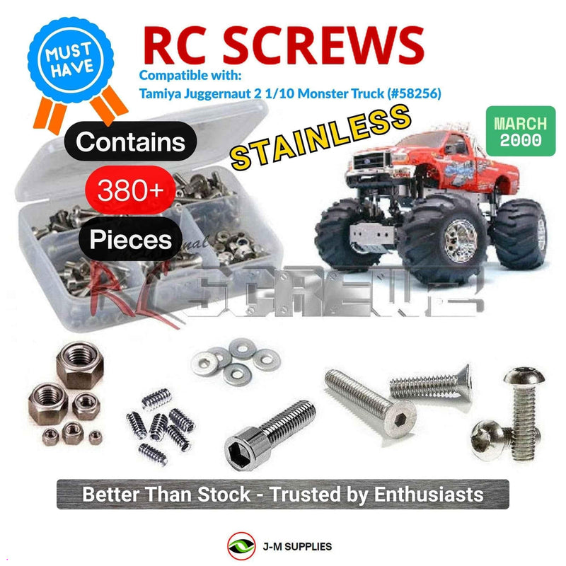 Representative image of an RCScrewZ stainless steel screw kit for Tamiya Juggernaut 2 1/10 Electric 4WD Monster Truck (58256); exact kit contents vary by RC model.
