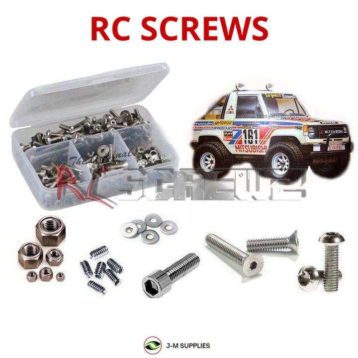 Representative image of an RCScrewZ stainless steel screw kit for Tamiya Mitsubishi Pajero 1/10 Electric 4WD SUV (58044); exact kit contents vary by RC model.