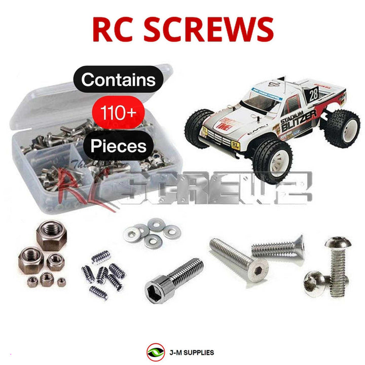Representative image of an RCScrewZ stainless steel screw kit for Tamiya Stadium Blitzer 1/10 Electric 2WD Truck (58106); exact kit contents vary by RC model.