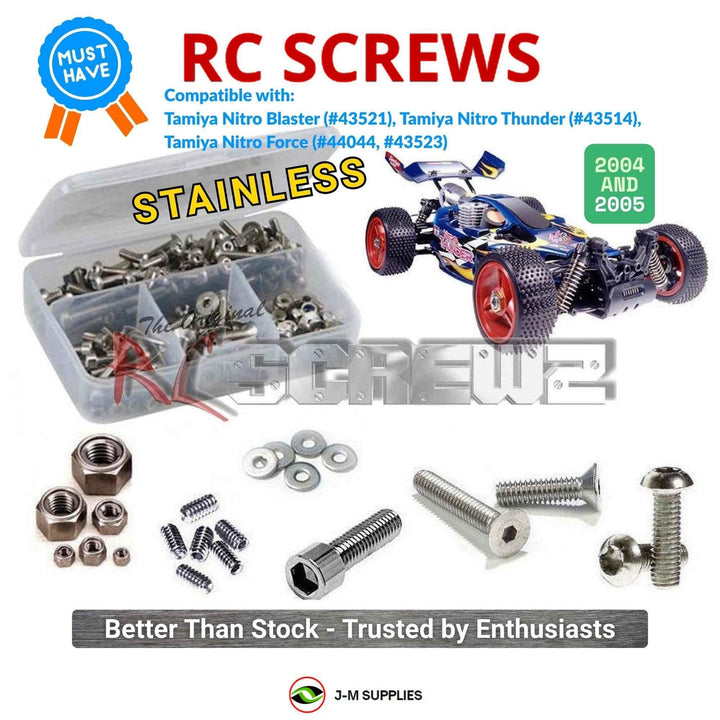 Representative image of an RCScrewZ stainless steel screw kit for Tamiya Nitro Blaster NDF-01 1/10 Nitro 4WD Buggy (43521); exact kit contents vary by RC model.