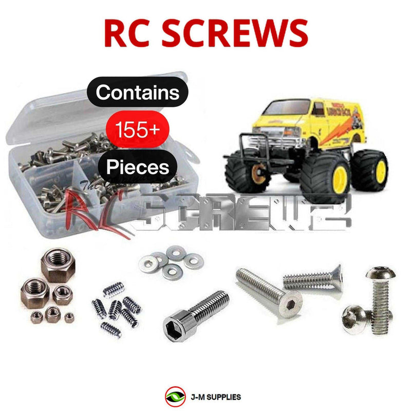 Representative image of an RCScrewZ stainless steel screw kit for Tamiya Lunch Box 1/12 Electric 2WD Monster Van (58063); exact kit contents vary by RC model.