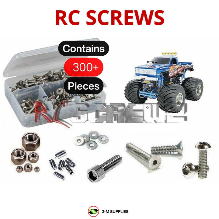 Representative image of an RCScrewZ stainless steel screw kit for Tamiya Super Clod Buster 1/10 Electric 4WD Monster Truck (58321); exact kit contents vary by RC model.