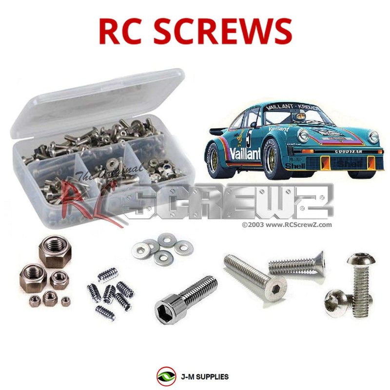 Representative image of an RCScrewZ stainless steel screw kit for Tamiya Porsche 934 Turbo RSR 1/12 2WD Car (58001); exact kit contents vary by RC model.