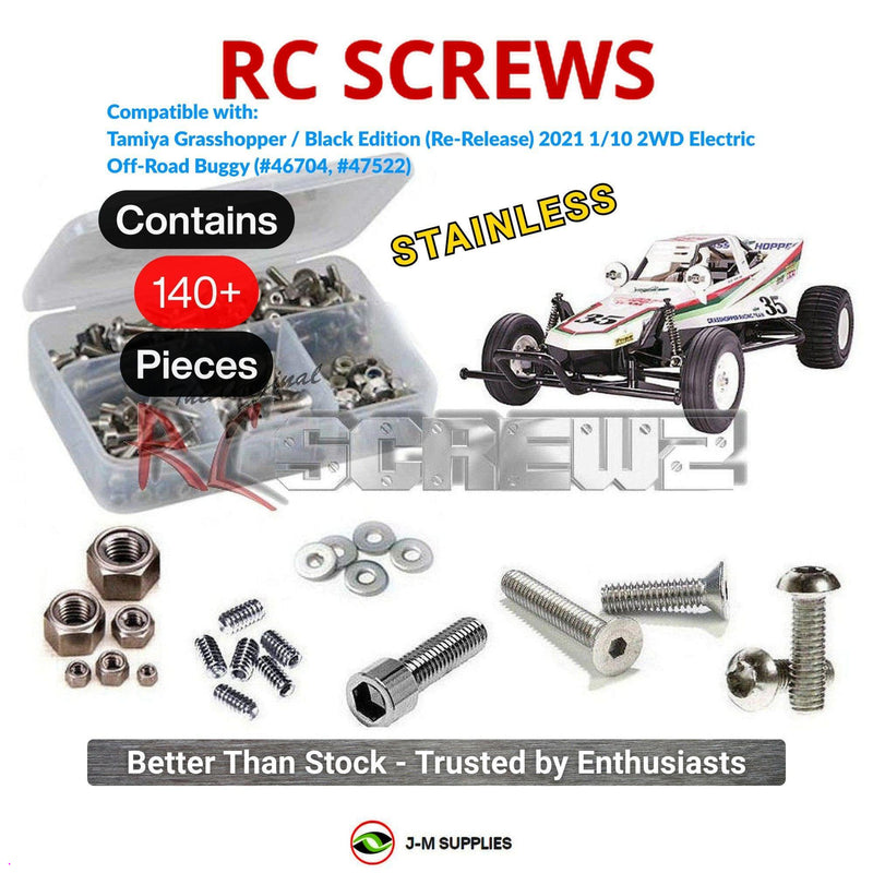 Representative image of an RCScrewZ stainless steel screw kit for Tamiya Grasshopper Black 1/10 Electric 2WD Buggy (46704, 47522); exact kit contents vary by RC model.