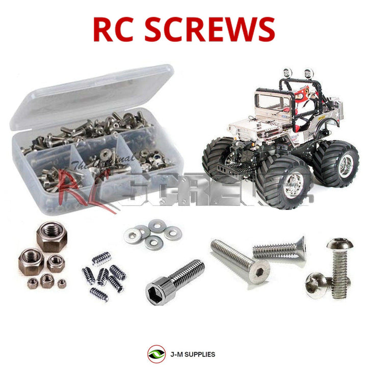 Representative image of an RCScrewZ stainless steel screw kit for Tamiya Wild Willy 2 WR-02 2WD (#58242, 57046, 49337); exact kit contents vary by RC model.