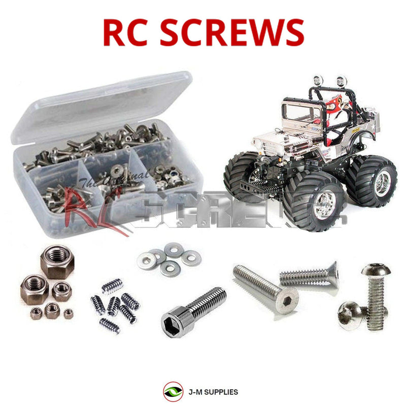 Representative image of an RCScrewZ stainless steel screw kit for Tamiya Wild Willy 2 WR-02 2WD (#58242, 57046, 49337); exact kit contents vary by RC model.