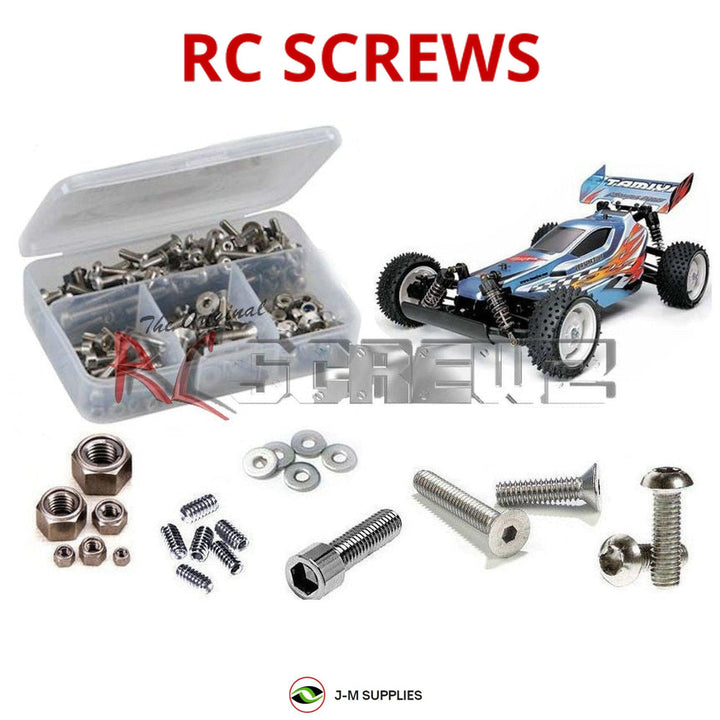 Representative image of an RCScrewZ stainless steel screw kit for Tamiya Rising Storm DF-02 1/10 Electric 4WD Buggy (58334); exact kit contents vary by RC model.