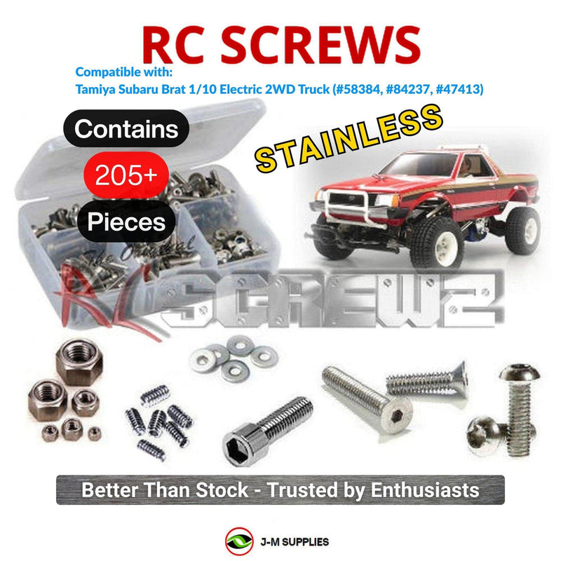 Representative image of an RCScrewZ stainless steel screw kit for Tamiya Subaru Brat ORV 1/10 Electric 2WD (58384, 84237, 47413); exact kit contents vary by RC model.
