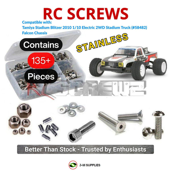 Representative image of an RCScrewZ stainless steel screw kit for Tamiya Stadium Blitzer 2010 1/10 Electric 2WD Stadium Truck (58482); exact kit contents vary by RC model.