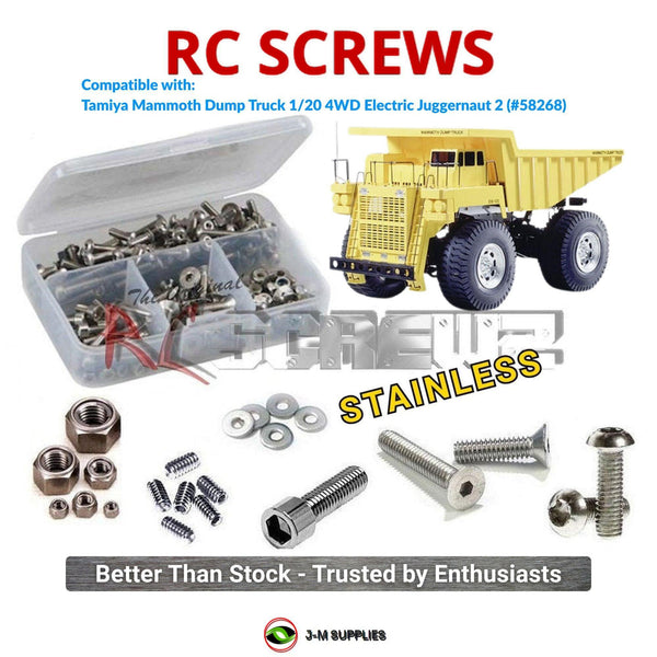 Representative image of an RCScrewZ stainless steel screw kit for Tamiya Mammoth Dump Truck 1/20 Electric 4WD Dump Truck (58268); exact kit contents vary by RC model.
