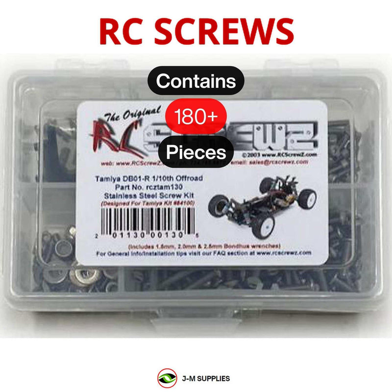 Representative image of an RCScrewZ stainless steel screw kit for Tamiya DB01-R 1/10 Electric 4WD Buggy (84100); exact kit contents vary by RC model.