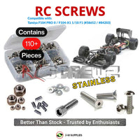 Representative image of an RCScrewZ stainless steel screw kit for Tamiya F104 Pro II/F104-X1 1/10 2WD Formula (58652, 84203); exact kit contents vary by RC model.