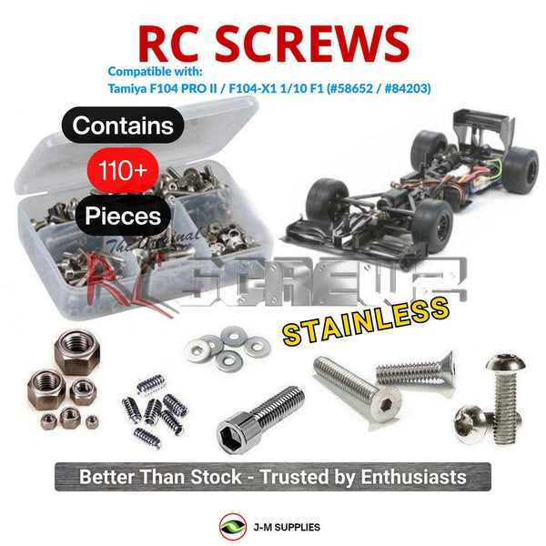 Representative image of an RCScrewZ stainless steel screw kit for Tamiya F104 Pro II/F104-X1 1/10 2WD Formula (58652, 84203); exact kit contents vary by RC model.