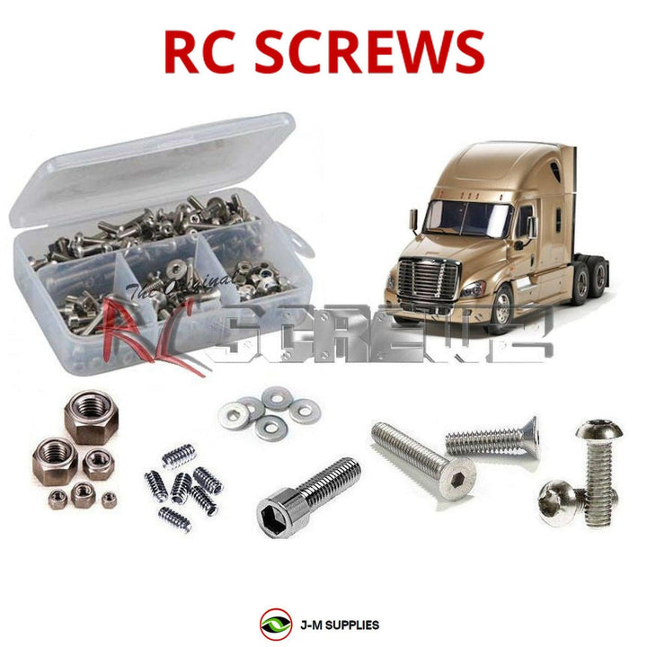 Representative image of an RCScrewZ stainless steel screw kit for Tamiya Freightliner Cascadia 1/14 Electric 6x4 Truck (56340); exact kit contents vary by RC model.