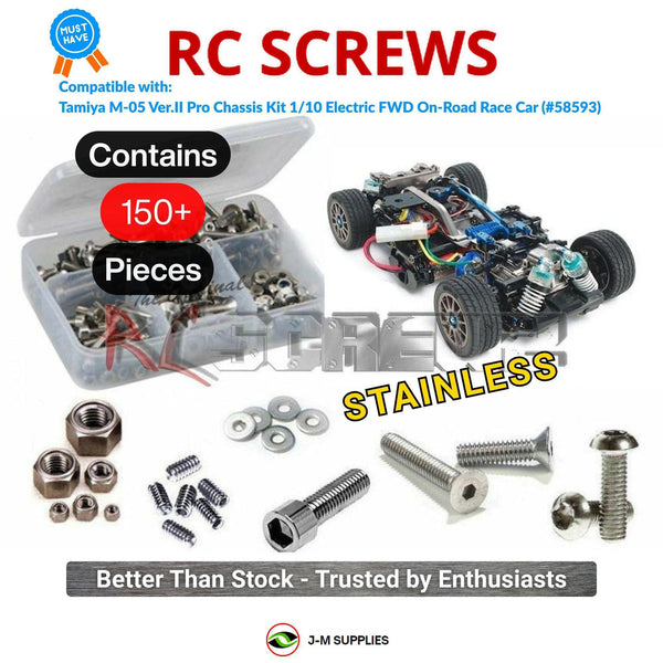 Representative image of an RCScrewZ stainless steel screw kit for Tamiya M-05 Ver.II PRO 1/10 Electric FWD M-Chassis (58593); exact kit contents vary by RC model.