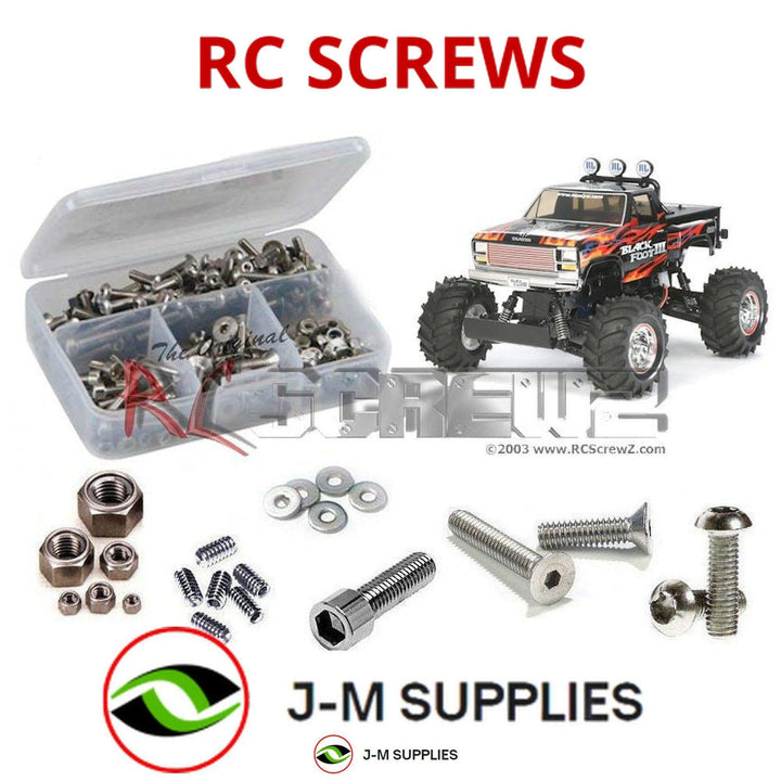 Representative image of an RCScrewZ stainless steel screw kit for Tamiya Blackfoot III 1/10 Electric 2WD Monster Truck (58498); exact kit contents vary by RC model.
