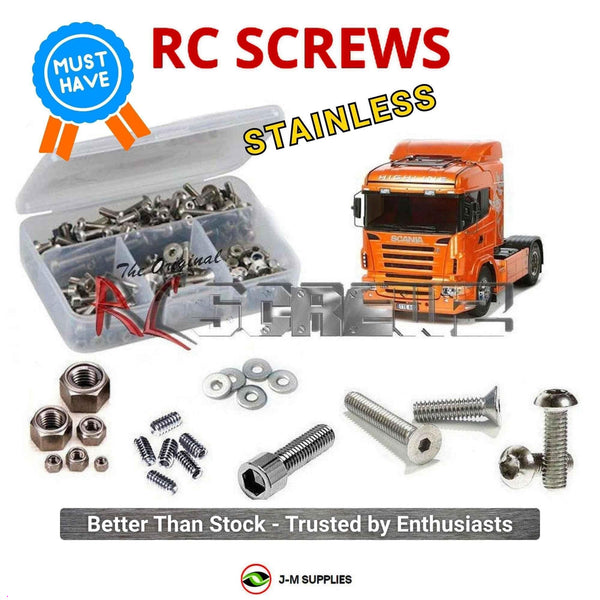 Representative image of an RCScrewZ stainless steel screw kit for Tamiya Scania R620/R470 1/14 Electric 6x4 Truck (56323, 56338); exact kit contents vary by RC model.