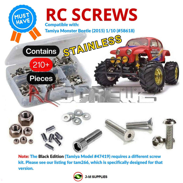 Representative image of an RCScrewZ stainless steel screw kit for Tamiya Monster Beetle 2015 1/10 2WD Monster Truck (58618); exact kit contents vary by RC model.