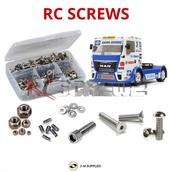 Representative image of an RCScrewZ stainless steel screw kit for Tamiya Team Hahn MAN TGS TT-01E 1/14 Truck (58632); exact kit contents vary by RC model.