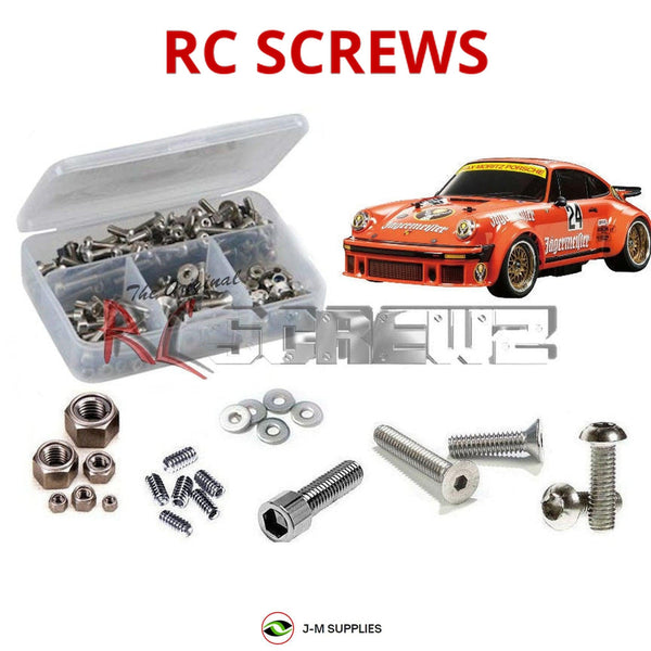 Representative image of an RCScrewZ stainless steel screw kit for Tamiya Porsche 934 RSR TA02SW 1/10 Touring Car (84431); exact kit contents vary by RC model.